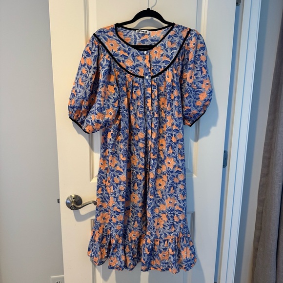 Batsheva Floral Peach & Blue Tent Snap House Dress - Picture 2 of 5